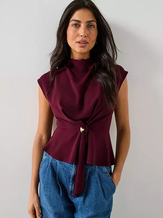 V by Very Tie Front Cap Sleeve Top - Burgundy