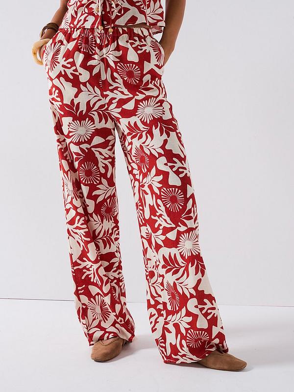V by Very Printed Leaf Wide Leg Tie Front Blouse & Trouser Co-Ord - Red
