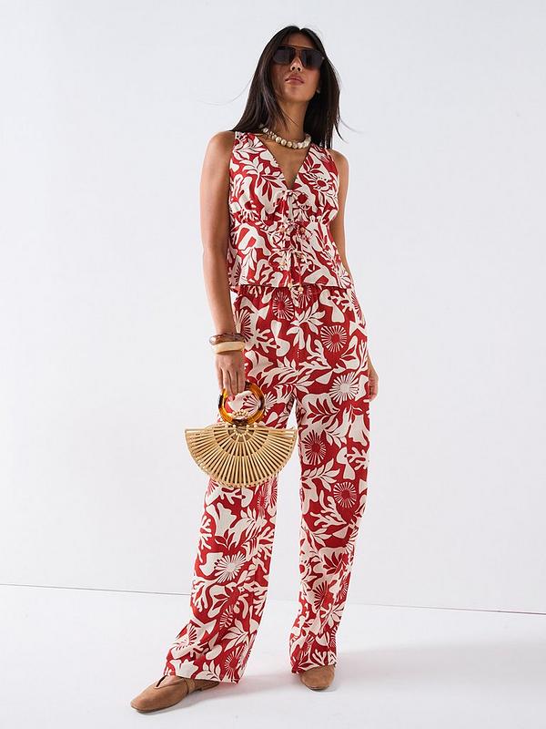 V by Very Printed Leaf Wide Leg Tie Front Blouse & Trouser Co-Ord - Red