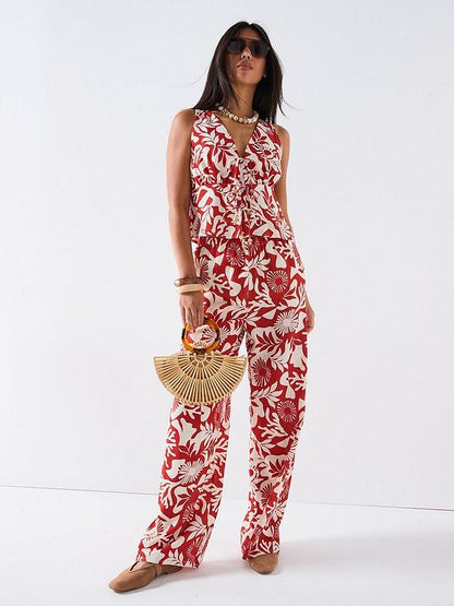 V by Very Printed Leaf Wide Leg Tie Front Blouse & Trouser Co-Ord - Red