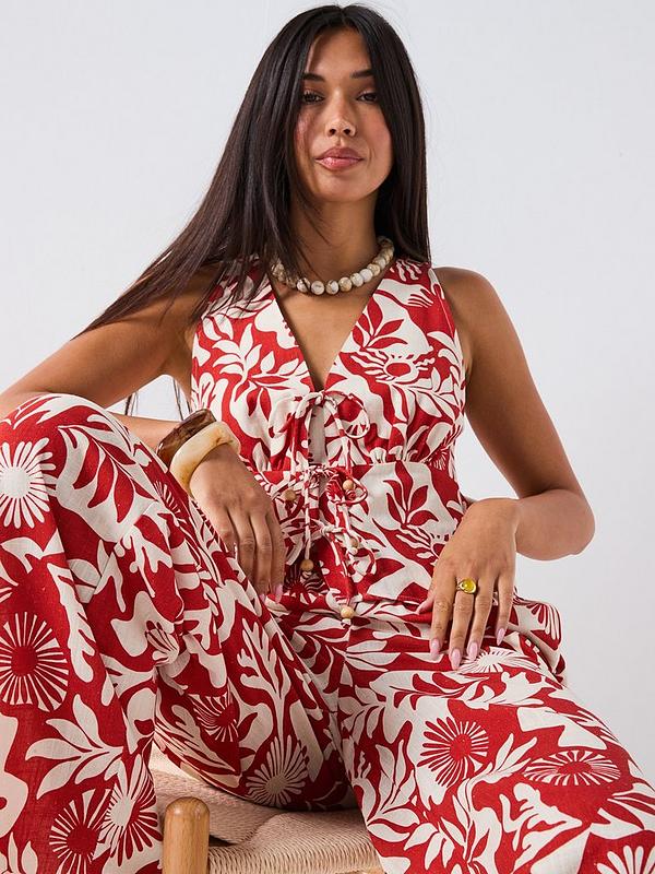 V by Very Printed Leaf Wide Leg Tie Front Blouse & Trouser Co-Ord - Red