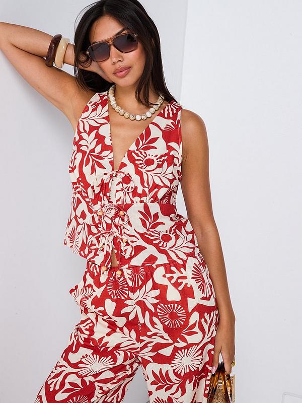 V by Very Printed Leaf Wide Leg Tie Front Blouse & Trouser Co-Ord - Red