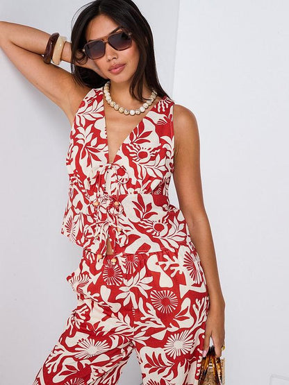 V by Very Printed Leaf Wide Leg Tie Front Blouse & Trouser Co-Ord - Red