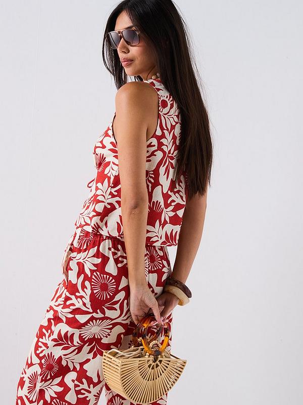 V by Very Printed Leaf Wide Leg Tie Front Blouse & Trouser Co-Ord - Red