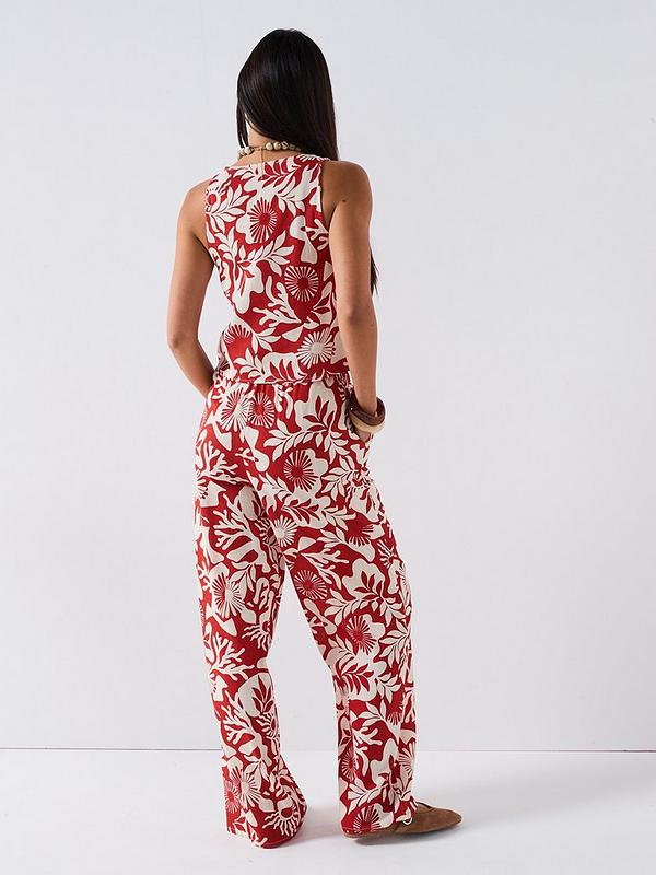 V by Very Printed Leaf Wide Leg Tie Front Blouse & Trouser Co-Ord - Red