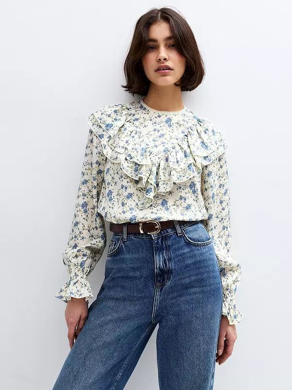 Floral Print Frill Yoke Shirt - White