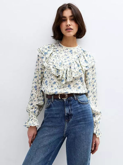 Floral Print Frill Yoke Shirt - White