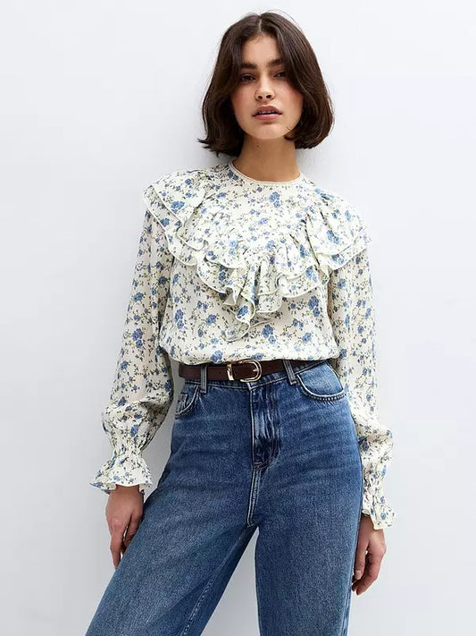 Floral Print Frill Yoke Shirt - White