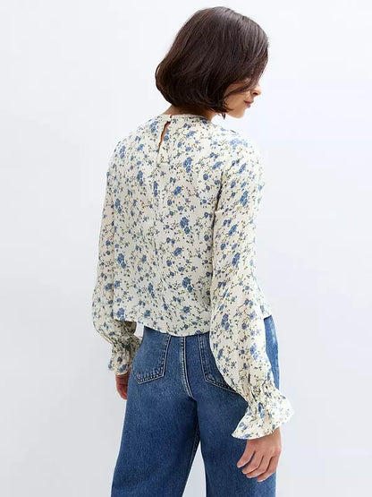 Floral Print Frill Yoke Shirt - White
