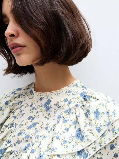 Floral Print Frill Yoke Shirt - White