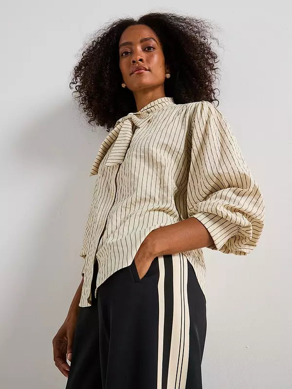 V by very Stripe Tie  Balloon Sleeve Blouse Cream
