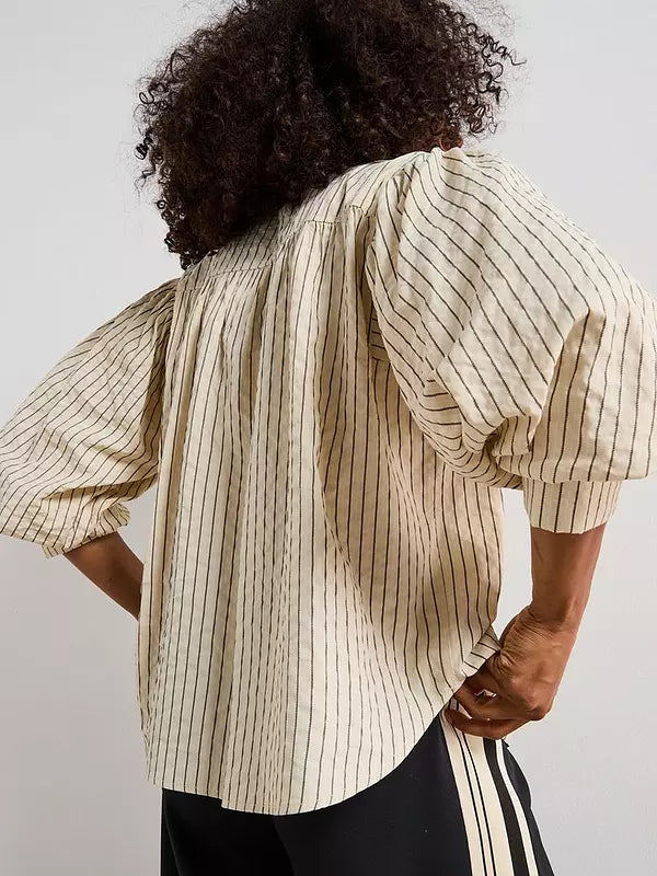 V by very Stripe Tie  Balloon Sleeve Blouse Cream