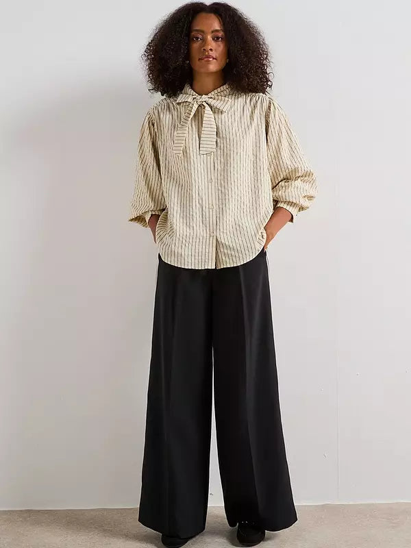V by very Stripe Tie  Balloon Sleeve Blouse Cream