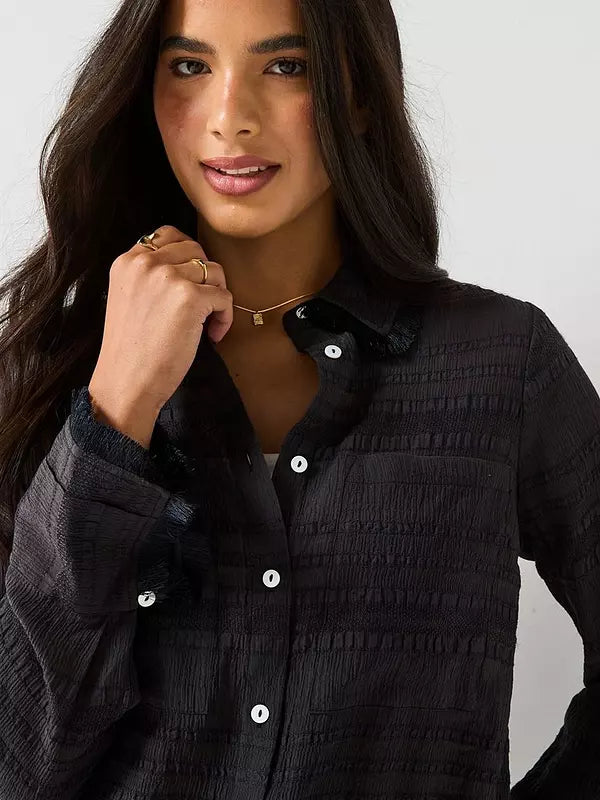 Fringe Collar Blouse Black