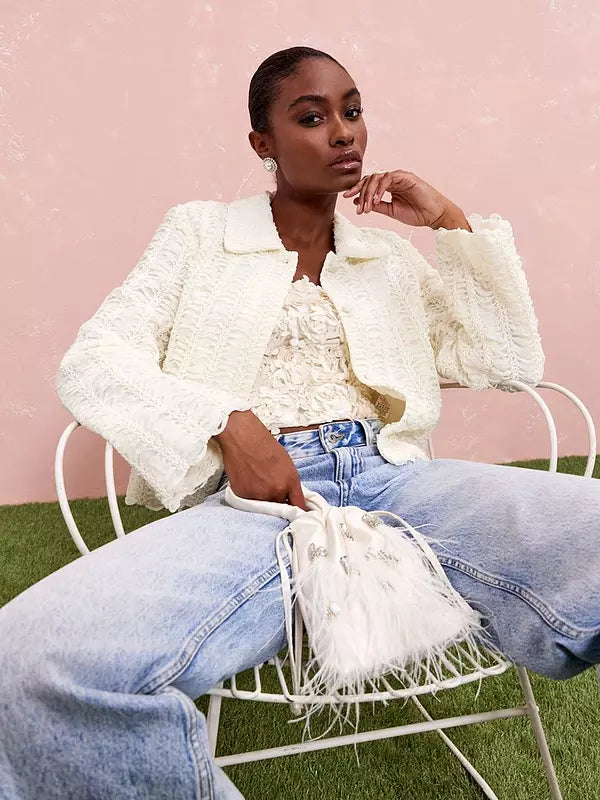 Cream Textured Collared Trophy Jacket