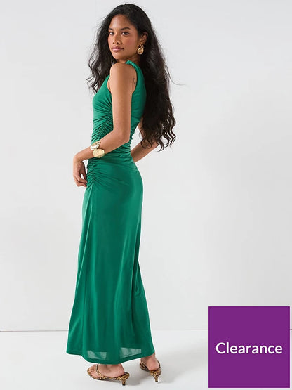 Draped Twist Shoulder Dress Green