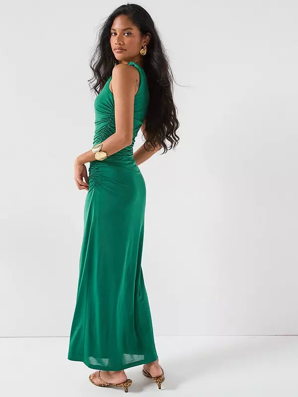Draped Twist Shoulder Dress Green