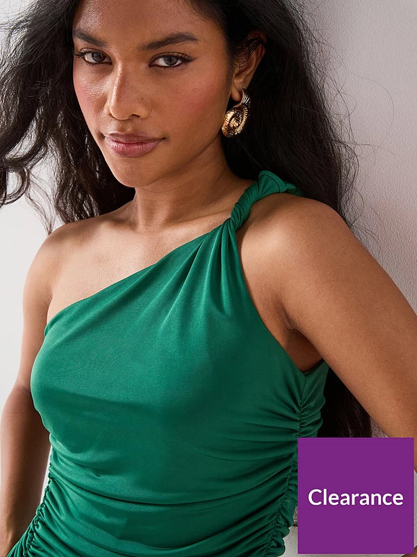 Draped Twist Shoulder Dress Green