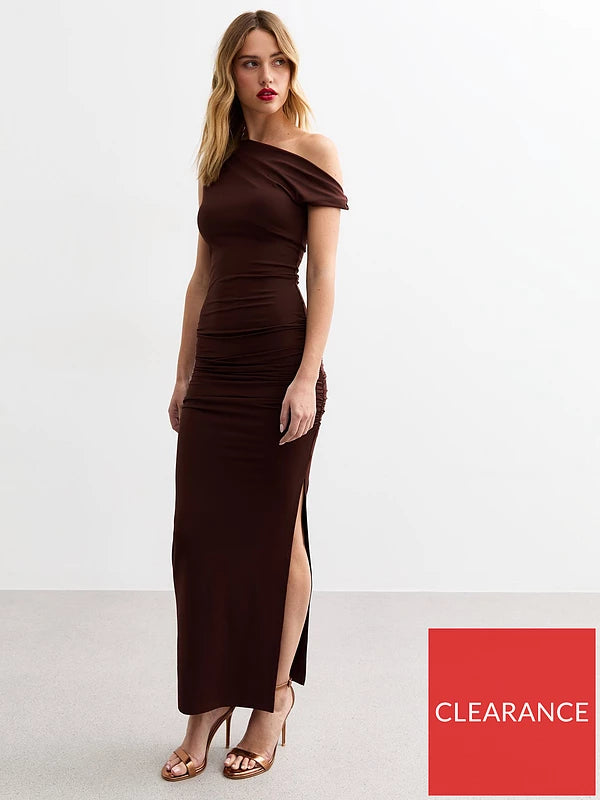 Twist Shoulder Maxi Dress - Brown