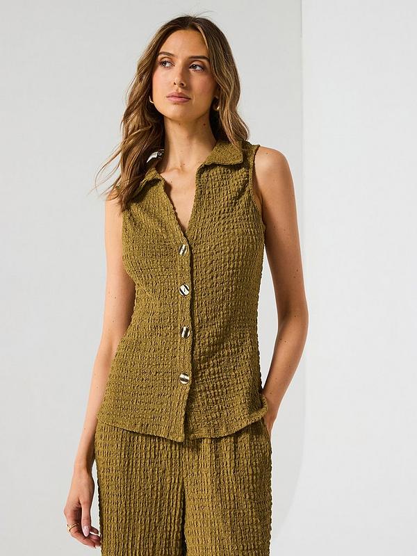Longline Button Thru Waistcoat Top Co-ord - Khaki