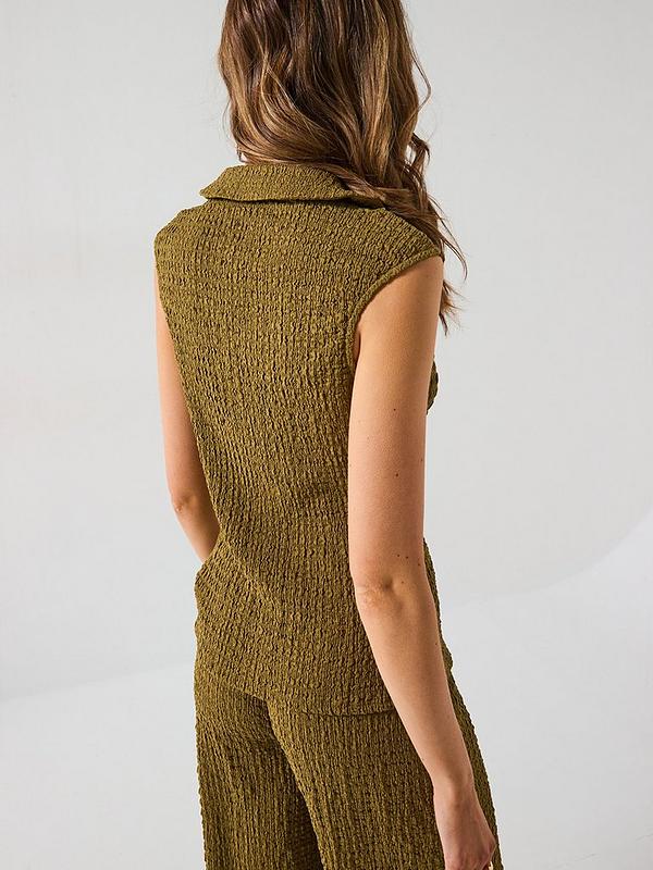 Longline Button Thru Waistcoat Top Co-ord - Khaki
