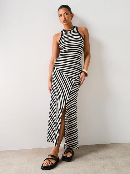V by Very Stripe Asymmetric Waist Midaxi Dress - Black