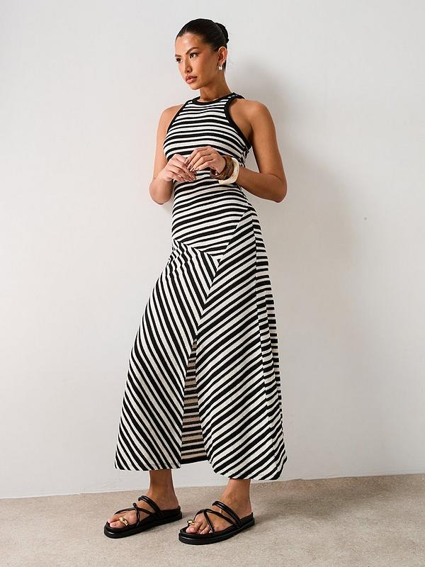 V by Very Stripe Asymmetric Waist Midaxi Dress - Black