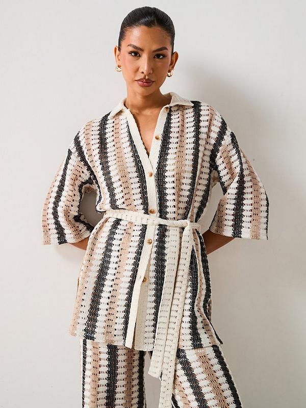 V by Very Longline Stripe Tie Waist Crochet Co-ord Shirt - Cream/Stripe