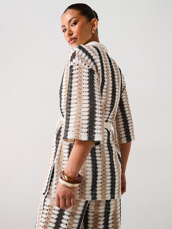 V by Very Longline Stripe Tie Waist Crochet Co-ord Shirt - Cream/Stripe