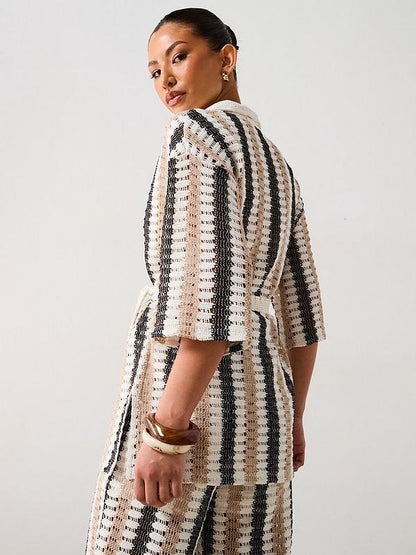 V by Very Longline Stripe Tie Waist Crochet Co-ord Shirt - Cream/Stripe