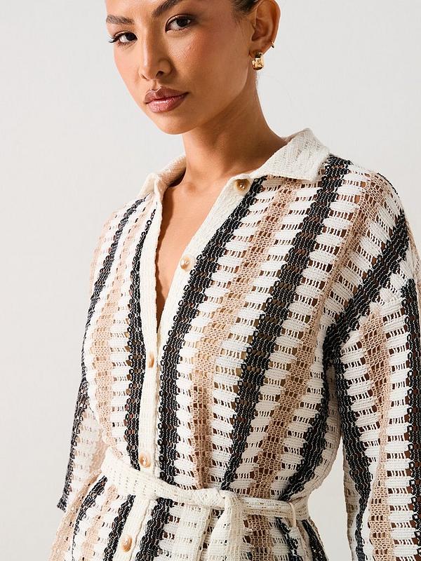 V by Very Longline Stripe Tie Waist Crochet Co-ord Shirt - Cream/Stripe