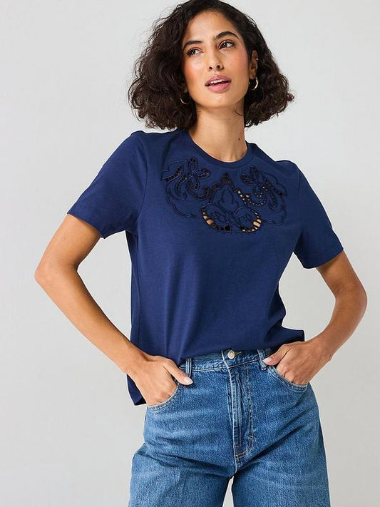 V by Very Embroidered Cut Out T-shirt - Navy