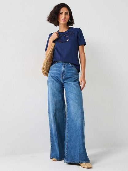 V by Very Embroidered Cut Out T-shirt - Navy