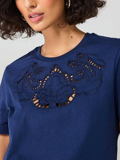 V by Very Embroidered Cut Out T-shirt - Navy
