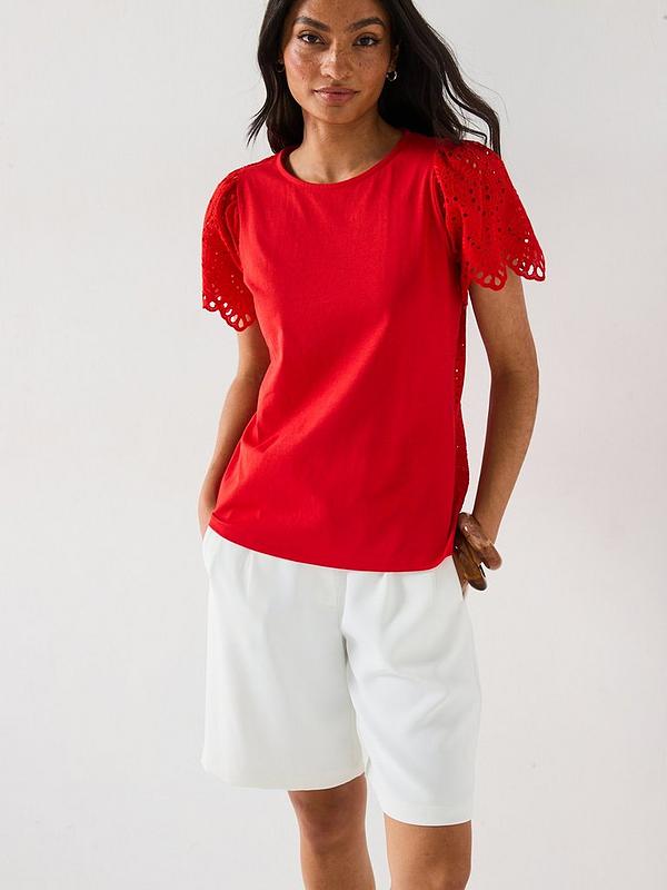 V by Very Broderie Back Scallop Sleeve Top - Red
