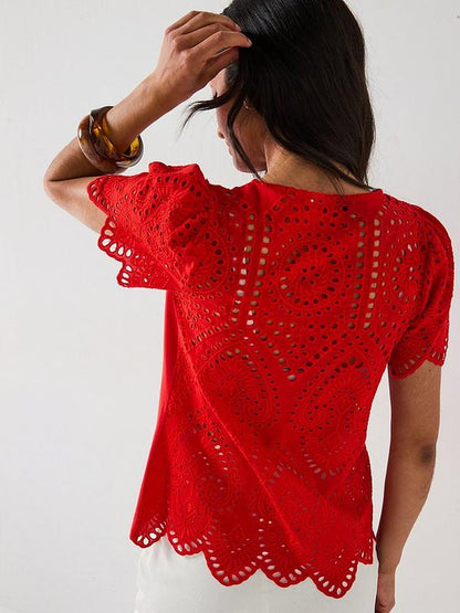 V by Very Broderie Back Scallop Sleeve Top - Red