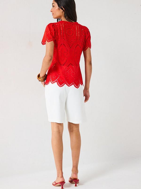V by Very Broderie Back Scallop Sleeve Top - Red