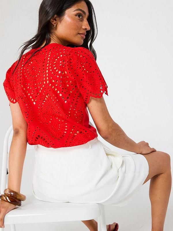 V by Very Broderie Back Scallop Sleeve Top - Red