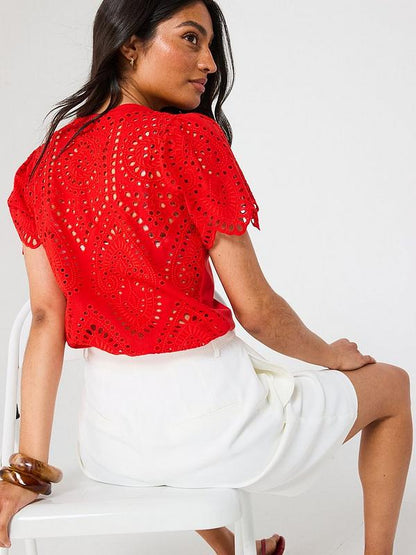 V by Very Broderie Back Scallop Sleeve Top - Red