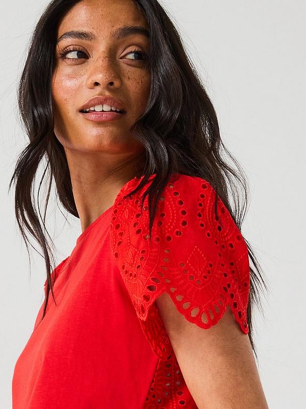V by Very Broderie Back Scallop Sleeve Top - Red