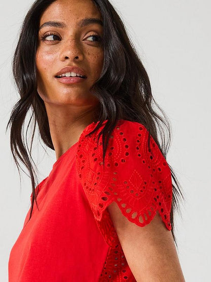 V by Very Broderie Back Scallop Sleeve Top - Red