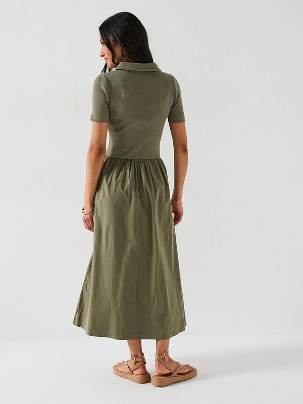 V by Very Collar Detail Woven Mix Midaxi Dress - Green
