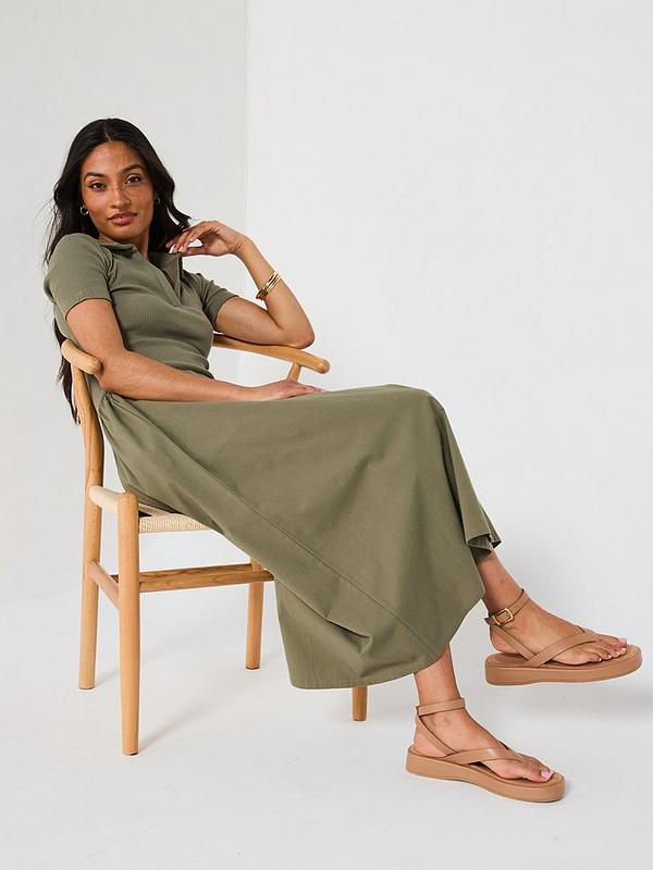 V by Very Collar Detail Woven Mix Midaxi Dress - Green