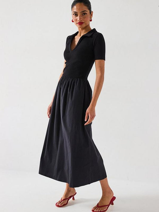 V by Very Collar Detail Woven Mix Midaxi Dress - Black