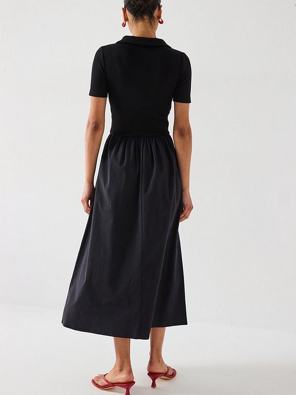 V by Very Collar Detail Woven Mix Midaxi Dress - Black