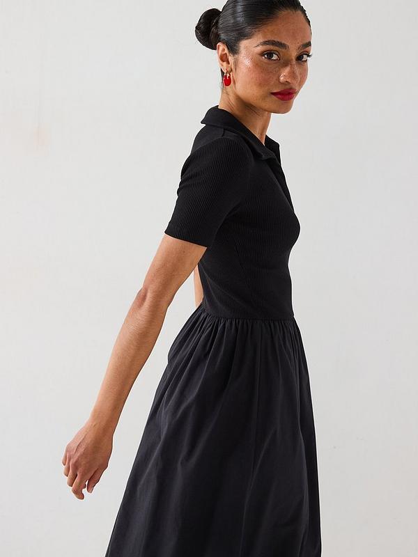 V by Very Collar Detail Woven Mix Midaxi Dress - Black