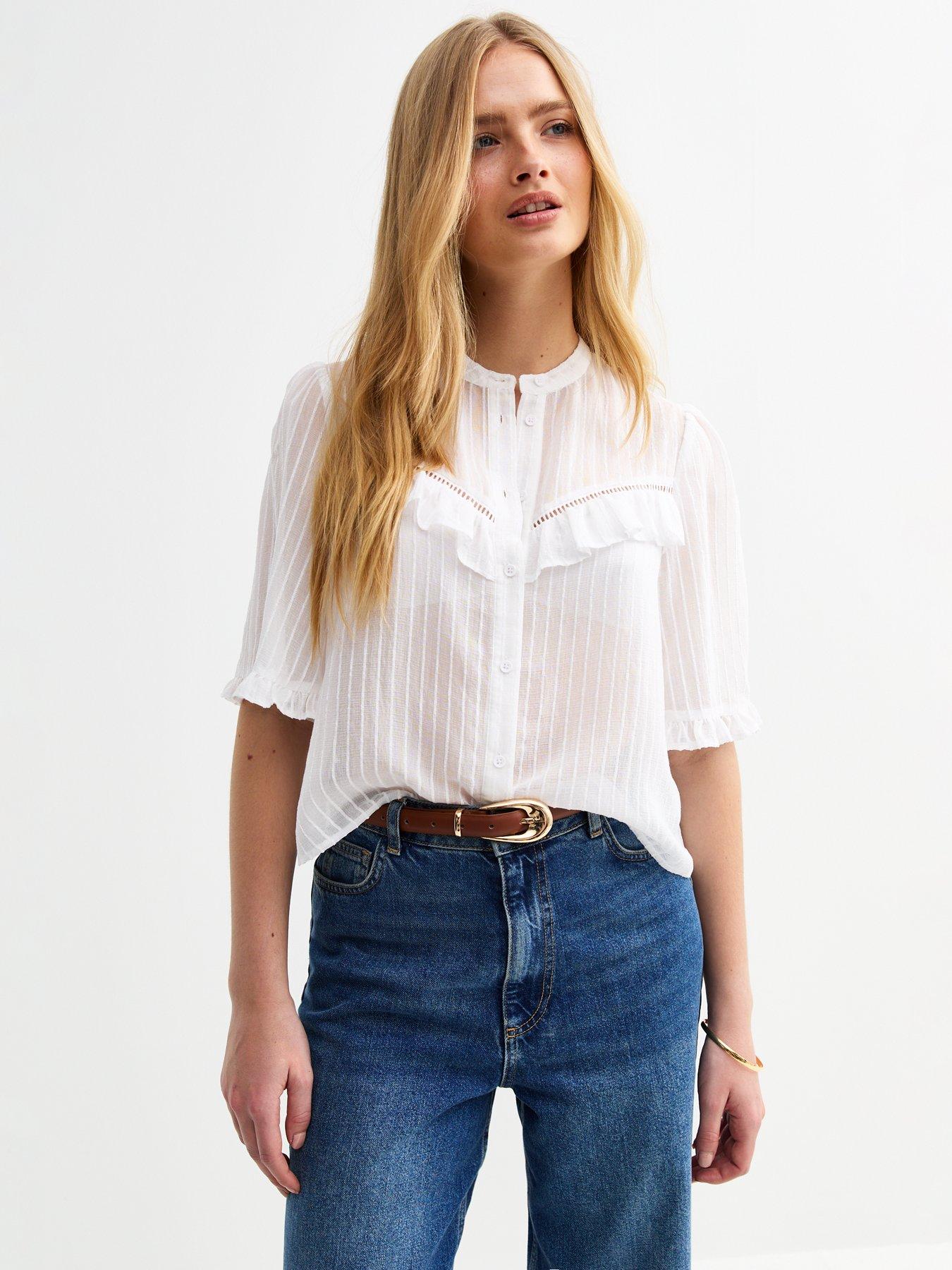 New Look White Semi-sheer Frill Trim Striped Shirt