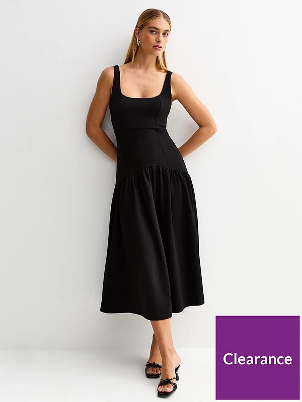 Square Neck Midi Dress-Black