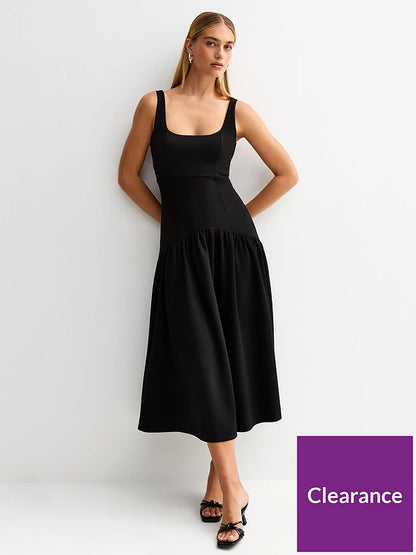Square Neck Midi Dress-Black