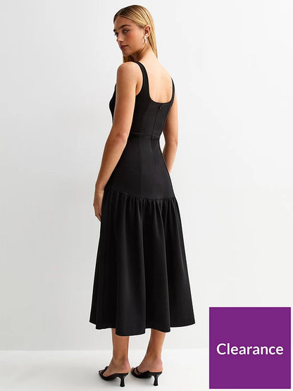 Square Neck Midi Dress-Black